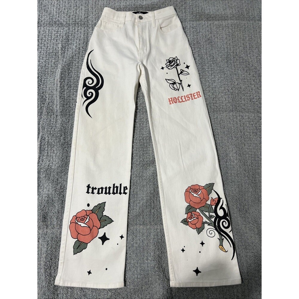Hollister graphic white jeans Sz 00 Trouble Grunge Boho Biker Goth Cottage Core